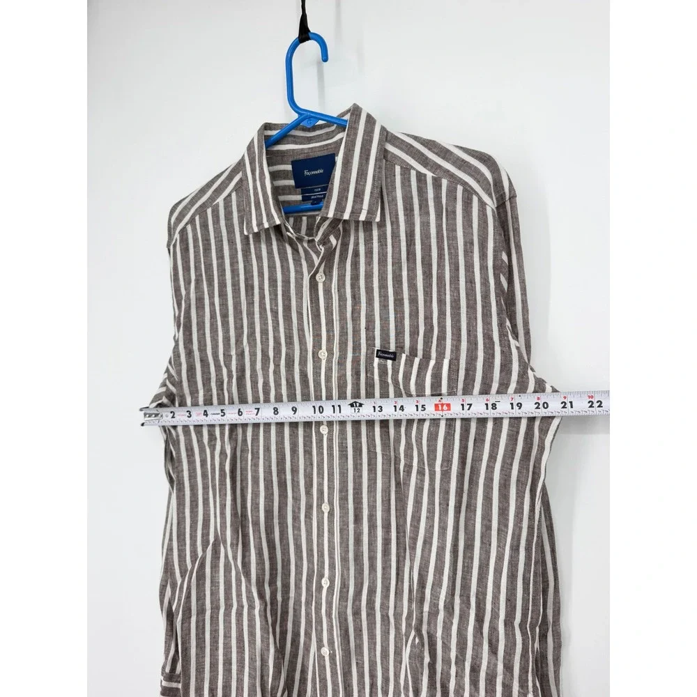 Faconnable Club Deauville Brown/Tan White Striped 100% Linen Shirt Mens Large